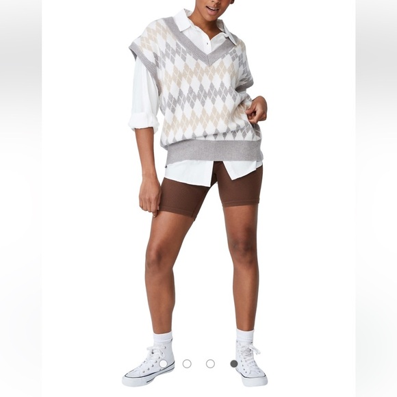 Argyle Sweater Vest Preppy Oversized V-Neck Soft Cream/Gray/Tan Layering Small - Picture 2 of 10